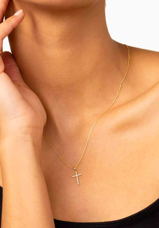 14K Yellow Gold Diamond Cross Necklace